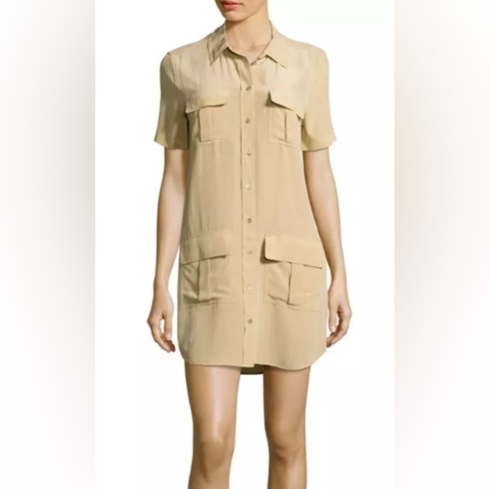 Equipment Remy Silk Button-Front Utility Shirt Dress Khaki Beige M